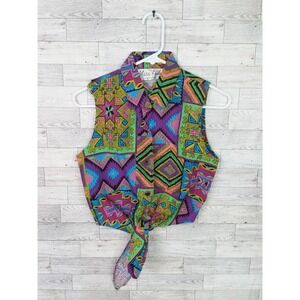 Vintage 80s 90s Miss Kitty Southwestern Aztec Print Tie Up Vest Top Western Sz M